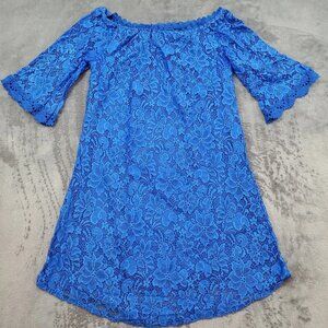 Womens Lace Dress Off Shoulder 3/4 Sleeves Size S Blue Mini Boho Cottage Preppy